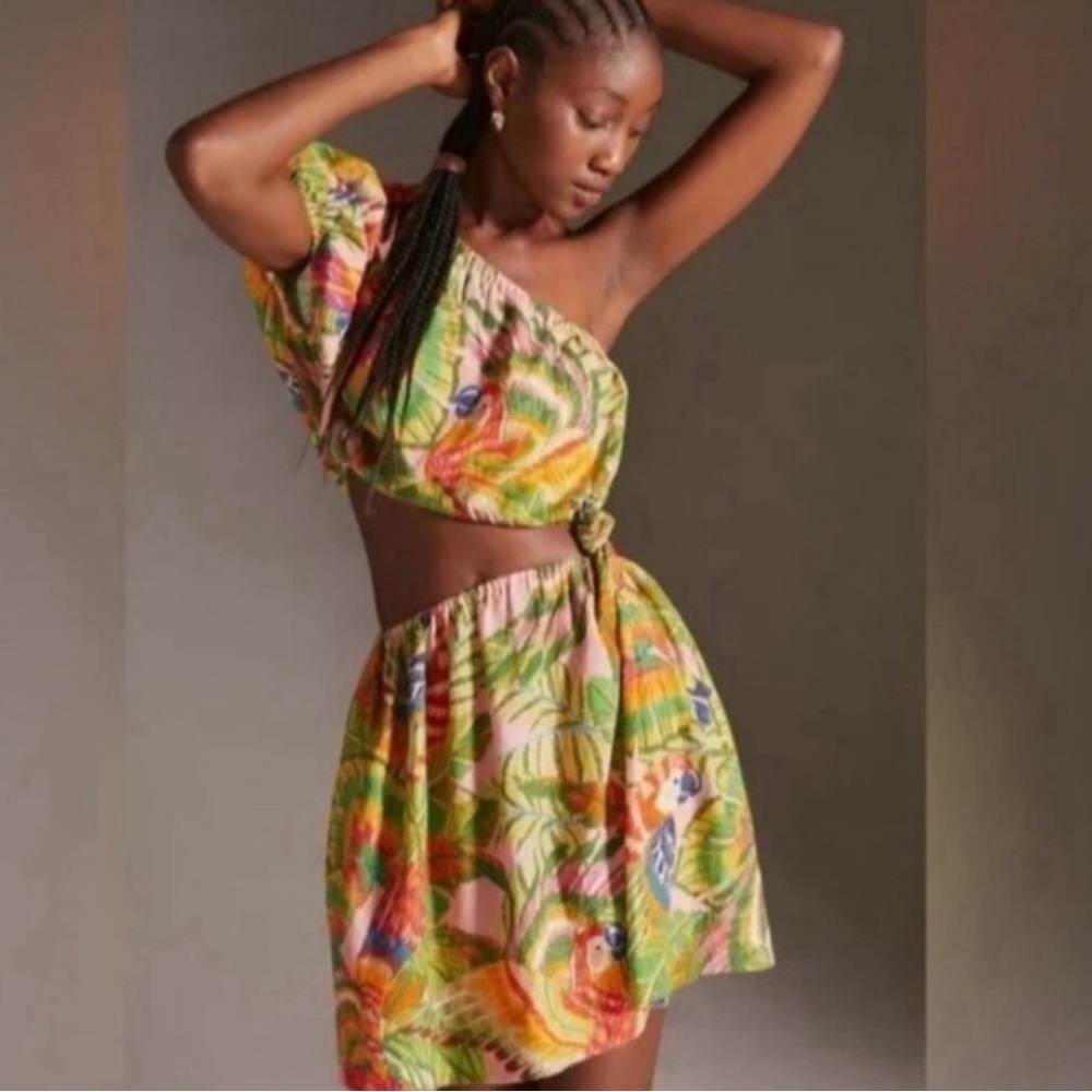 FARM Rio - Macaw Leaves One Shoulder Mini Dress size L